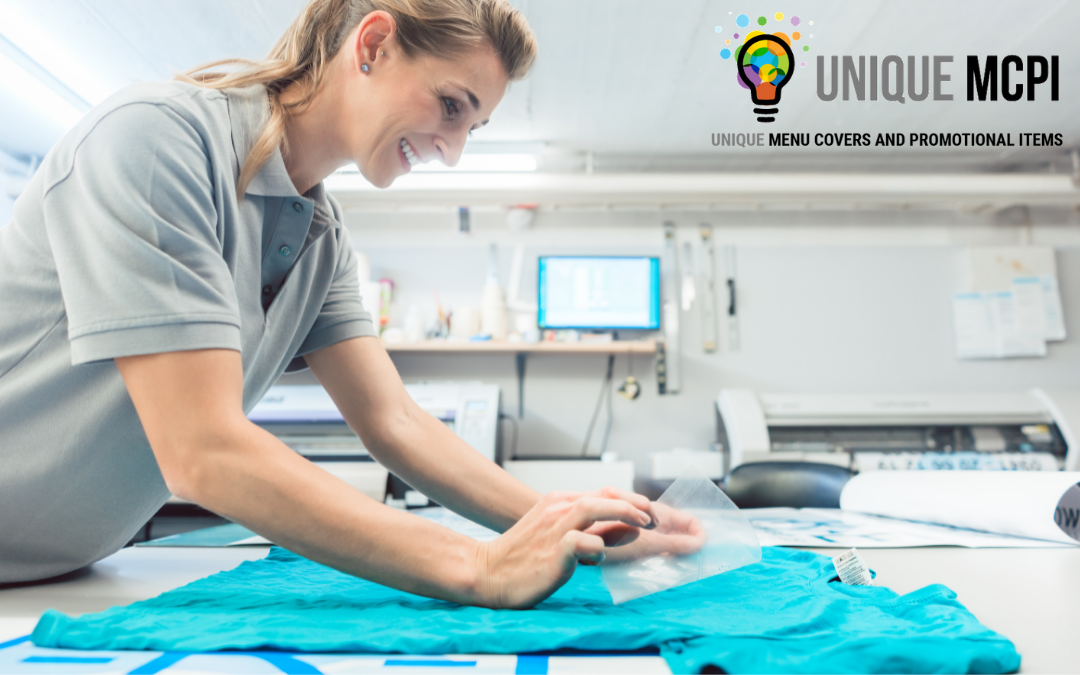 This image shows a woman heat transferring a logo onto a t-shirt. This is one of the methods discusses to customize promotional items.